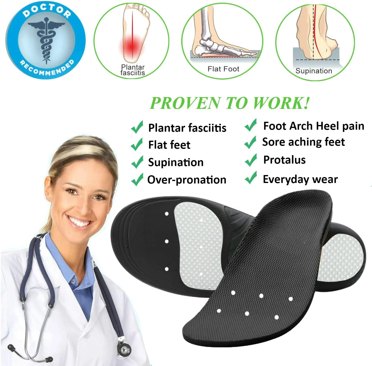 Lexniush | Plantar Fasciitis Arch Support Shoe Inserts | Insoles Orthotic Inserts for Flat Feet | Black