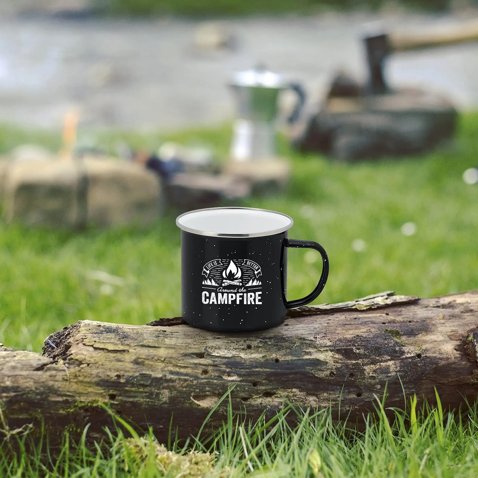 Life is Better Around the Campfire Tin Enamel Camping Coffee Mug (Midnight Black, 15 Ounce)