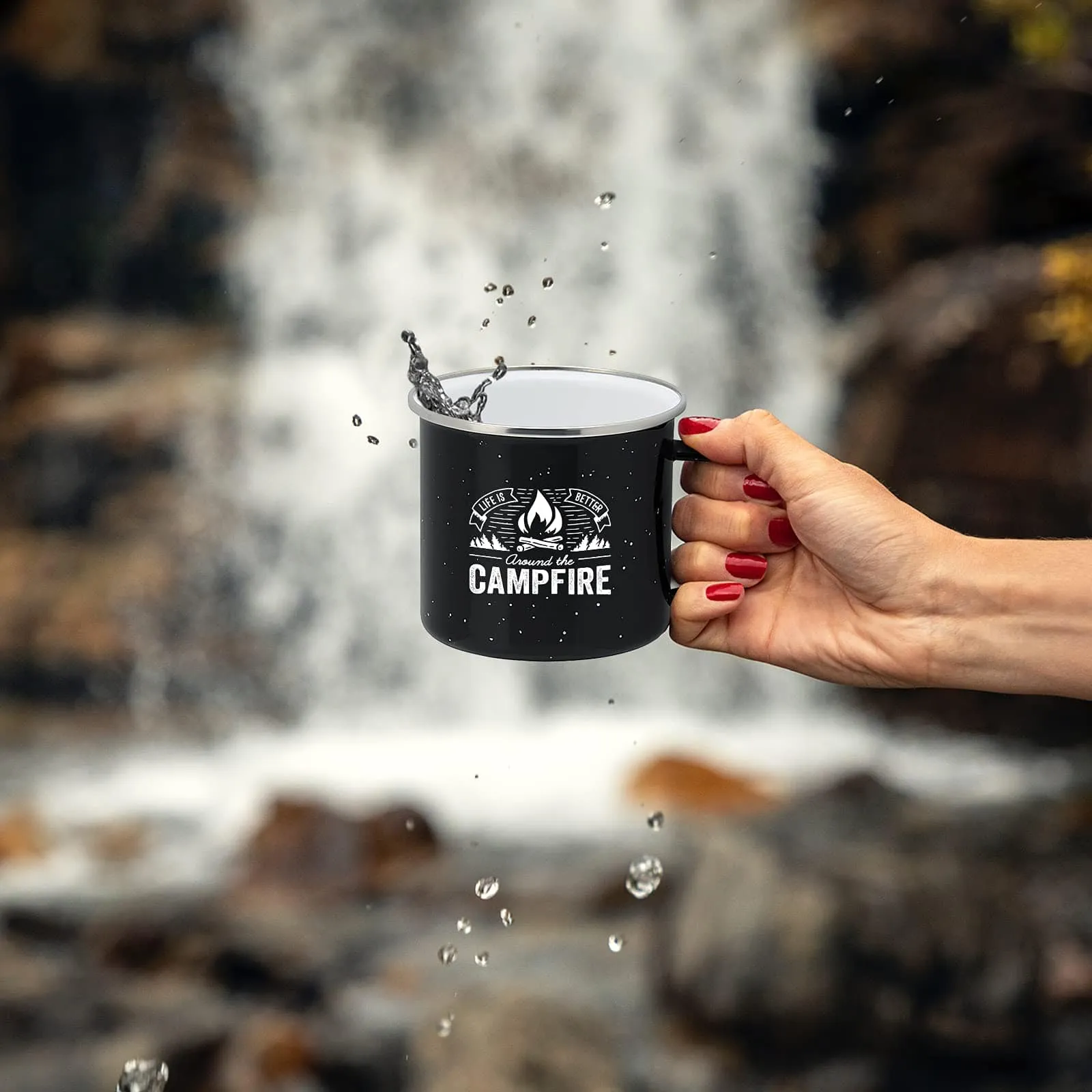 Life is Better Around the Campfire Tin Enamel Camping Coffee Mug (Midnight Black, 15 Ounce)