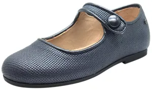 Manuela de Juan Girl's Diti Metallic Blue Textured Leather Classic Mary Jane Flats with Trim