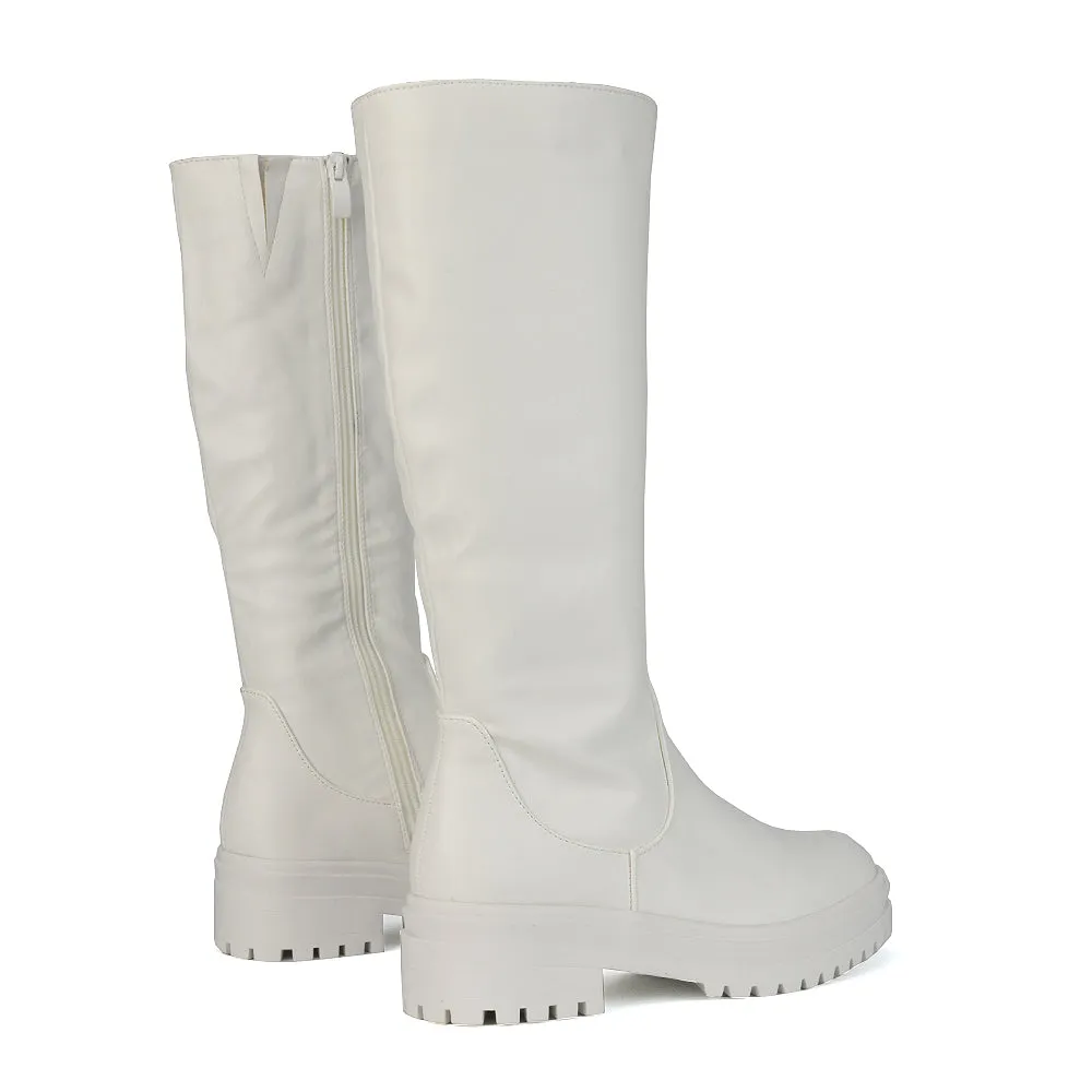 Maura Chunky Sole Low Block Heel Below The Knee Long Boots In White Synthetic Leather