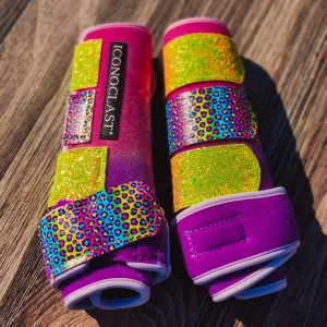 Medium Pink to Purple Double Dyed Iconoclast Fronts w/ Rainbow Cheetah and Yellow Glitter Straps