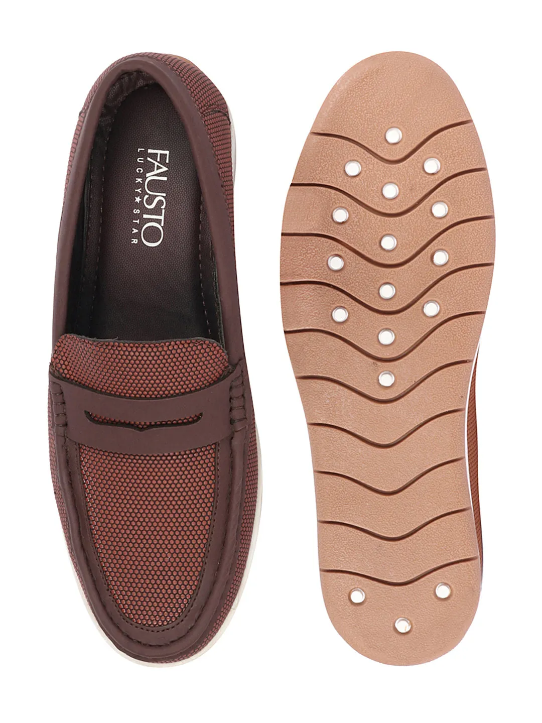 Men Brown Textured Design Casual Slip On Loafer Boat Shoes