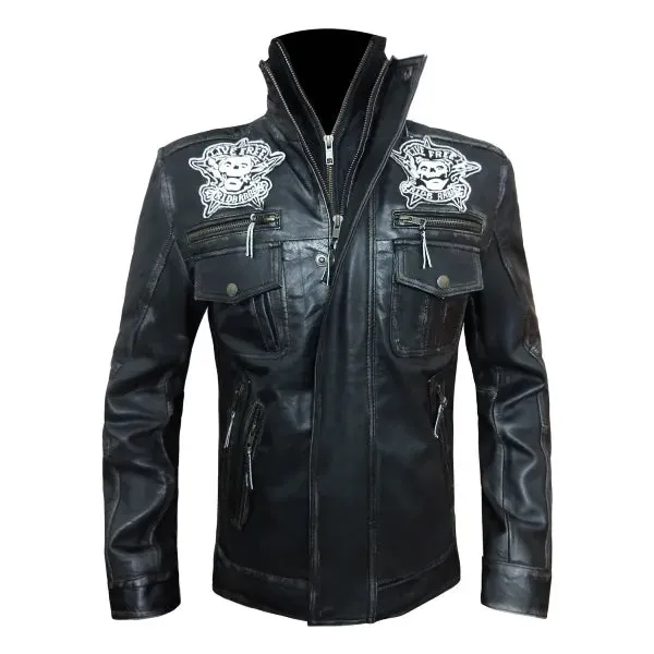 Mens Distressed Leather Black Live Hard Biker Motorcycle Jacket