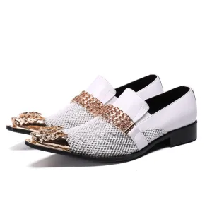 Men's Luxury Pointed Toe White Leather Wedding Shoes in Gold and White