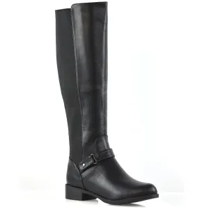 MIKAYLA WINTER ELASTICATED ZIP-UP FLAT KNEE HIGH BOOTS IN BLACK SYNTHETIC LEATHER