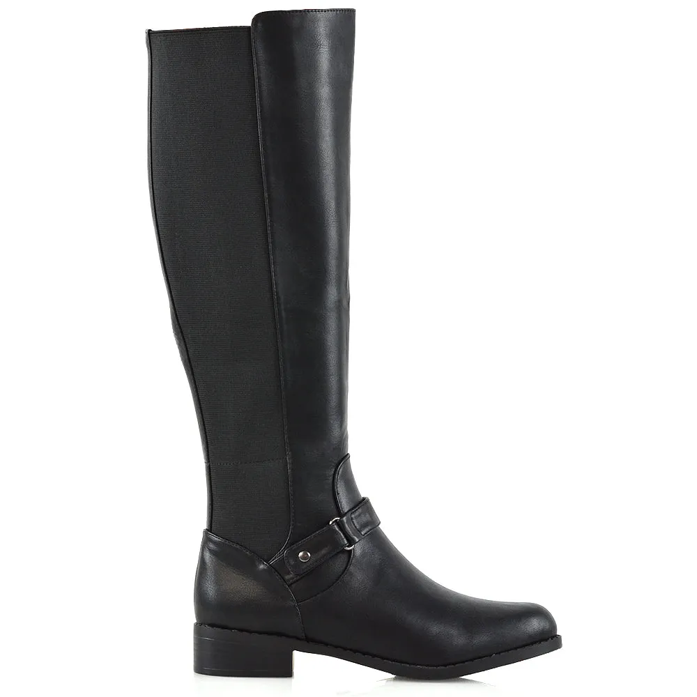 MIKAYLA WINTER ELASTICATED ZIP-UP FLAT KNEE HIGH BOOTS IN BLACK SYNTHETIC LEATHER