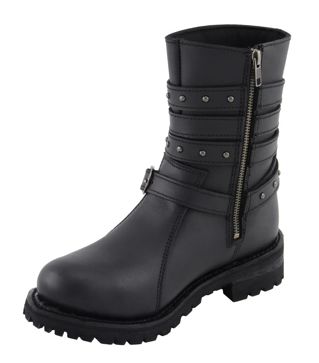 Milwaukee Leather MBL9399 Women's 9-Inch Triple Buckle Black Leather Harness Biker Boots w/ Side Zipper