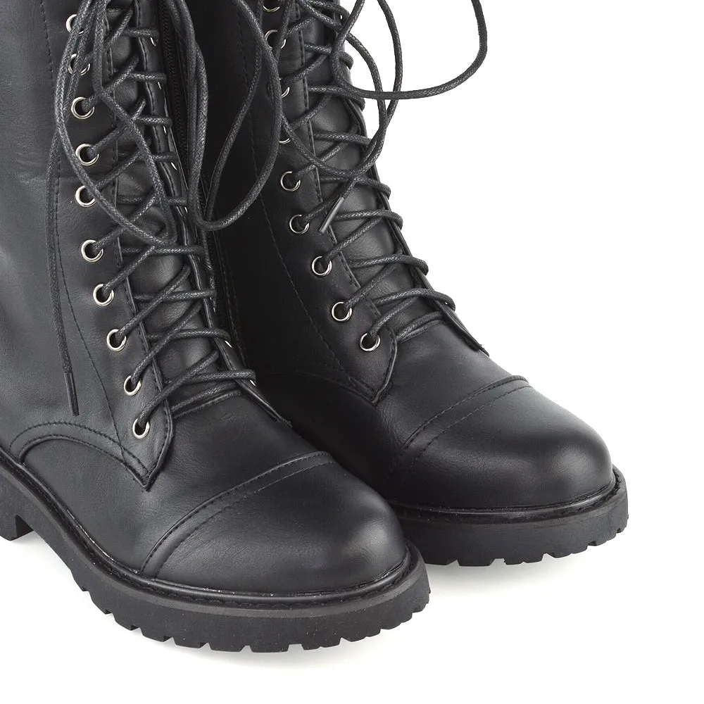 Mulan Knee High Chunky Mid-Calf Military Lace up Combat Boots in Black Synthetic Leather