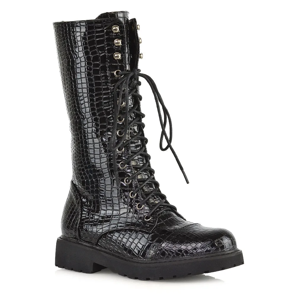 Mulan Knee High Chunky Mid-Calf Military Lace up Combat Boots in Black Synthetic Leather