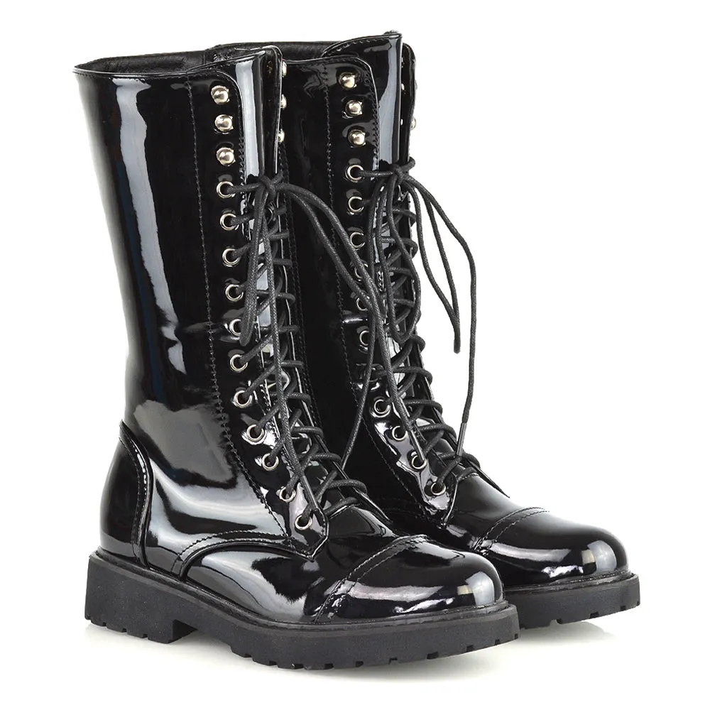 Mulan Knee High Chunky Mid-Calf Military Lace up Combat Boots in Black Synthetic Leather