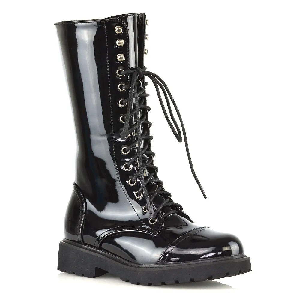 Mulan Knee High Chunky Mid-Calf Military Lace up Combat Boots in Black Synthetic Leather