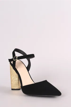 Qupid Pointy Toe Metallic Textured Chunky Heeled Pump