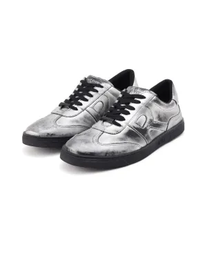 Rare Rabbit Mens Mercure Metallic Silver Round Toe Shiny Burnt Leather Sneaker Shoes