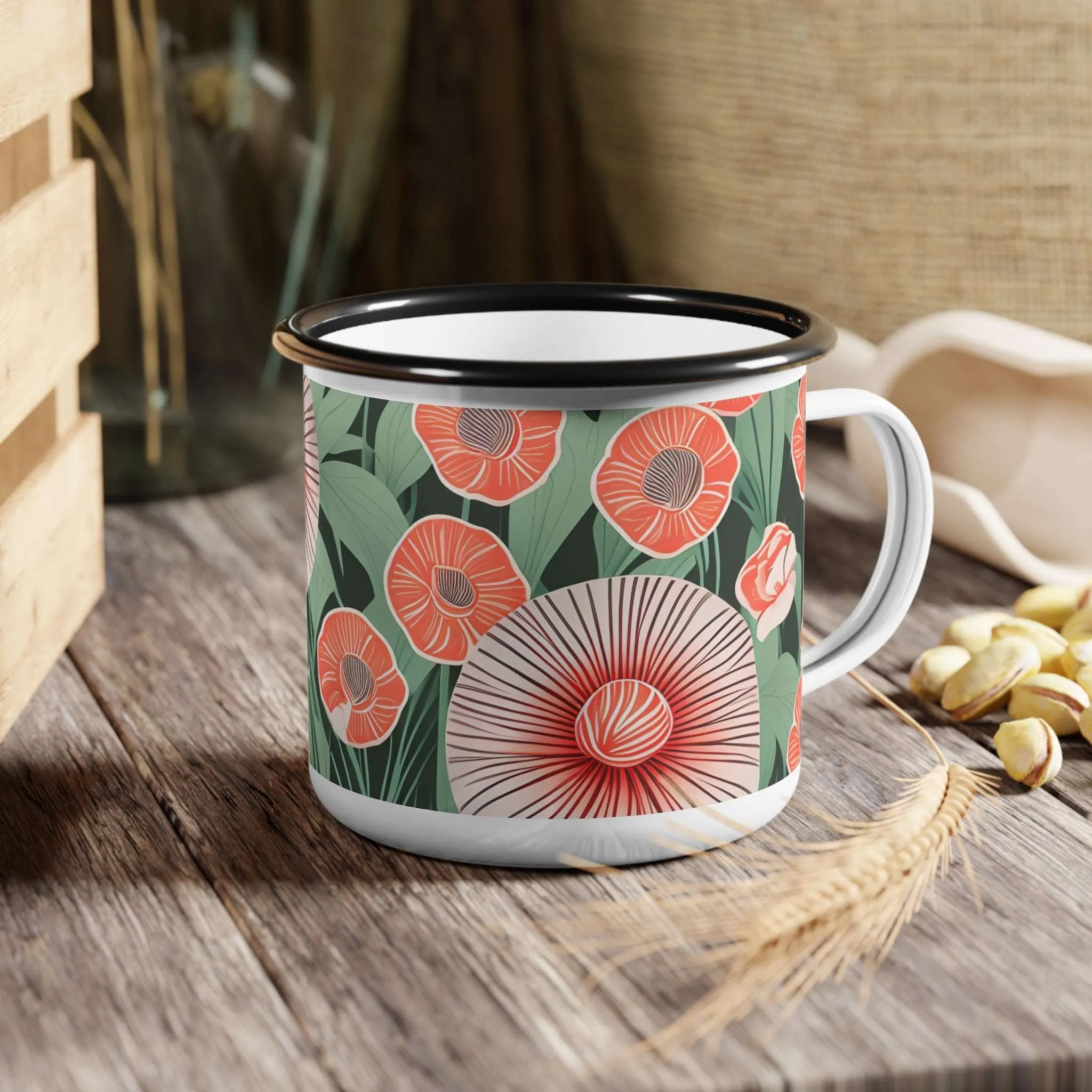 Red Art Deco Flowers, Enamel Camping Mug for Coffee, Tea, Cocoa, or Cereal - 12oz