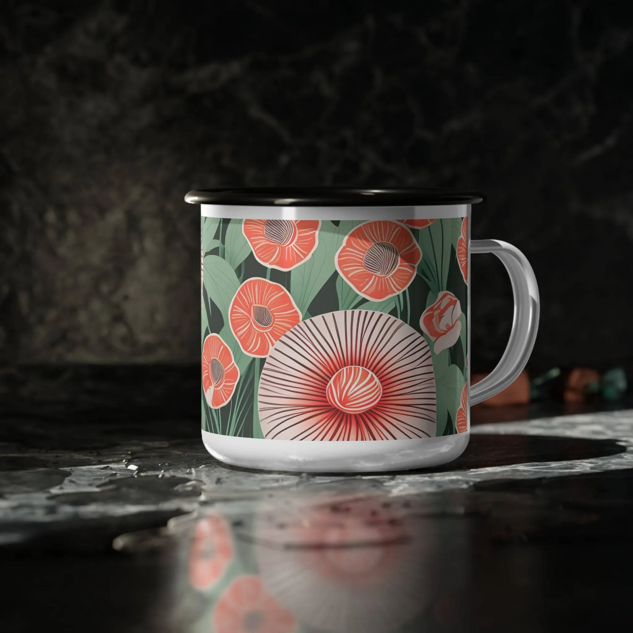 Red Art Deco Flowers, Enamel Camping Mug for Coffee, Tea, Cocoa, or Cereal - 12oz