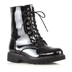 River Lace Up Military Combat Zip-up Flat Ankle Biker Boots In Black Patent