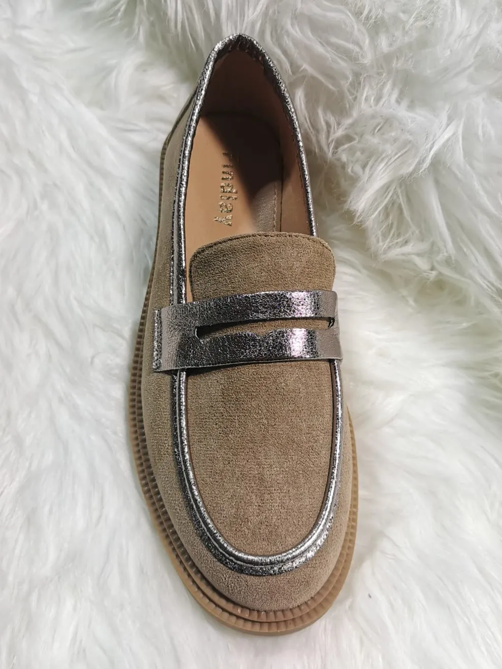 SAND METALLIC TRIM FAUX SUEDE LOAFER