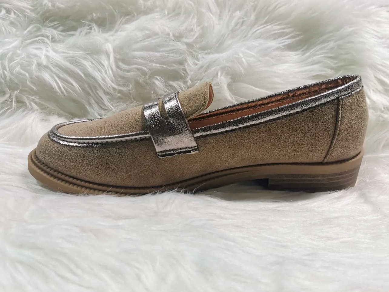 SAND METALLIC TRIM FAUX SUEDE LOAFER