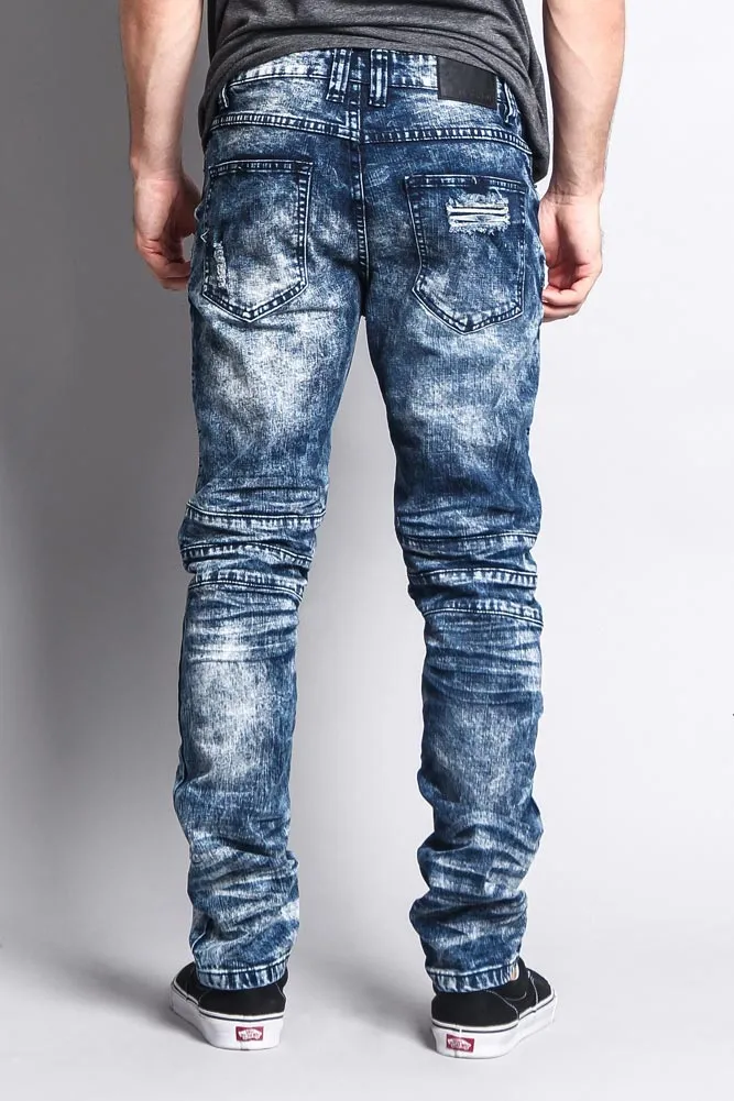 Stain Washed Contrast Patching Twill Biker Jeans