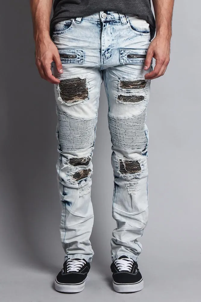 Stain Washed Contrast Patching Twill Biker Jeans