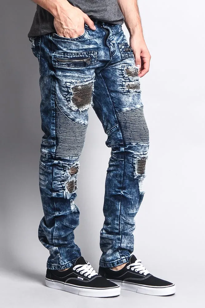 Stain Washed Contrast Patching Twill Biker Jeans