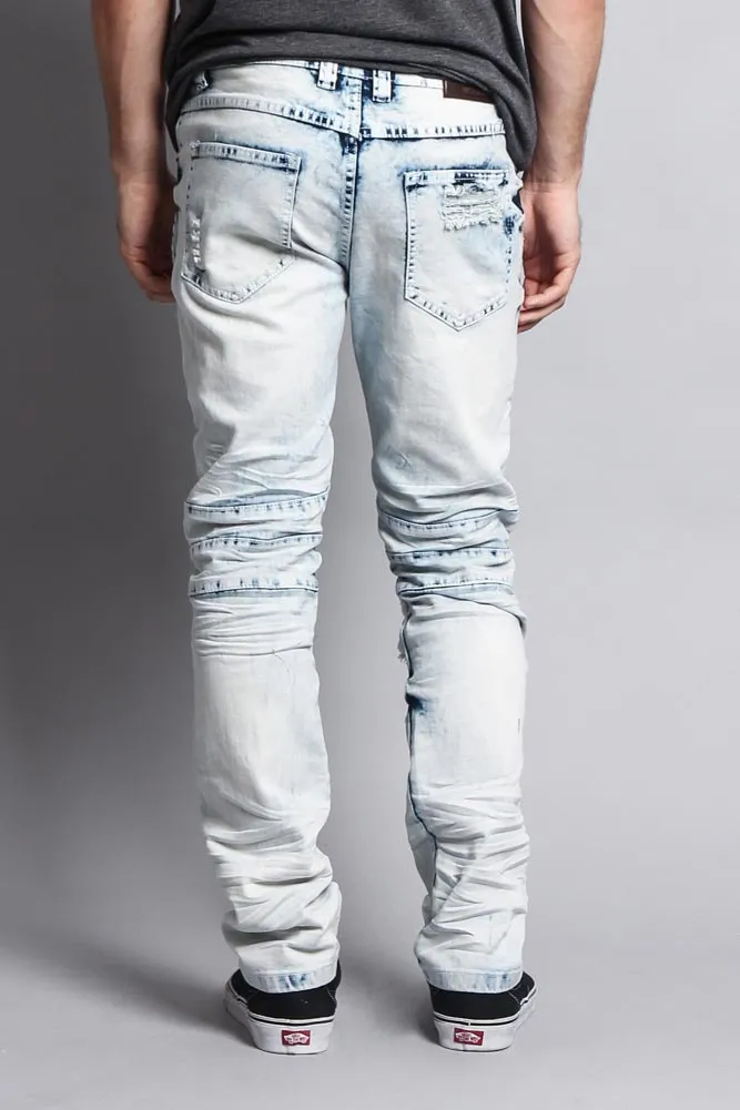 Stain Washed Contrast Patching Twill Biker Jeans