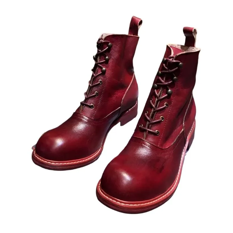 TEEK - Handmade Mens Red Wine Round Toe Vintage Boots