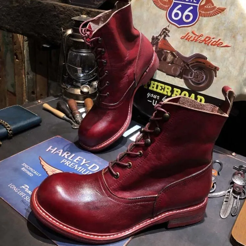 TEEK - Handmade Mens Red Wine Round Toe Vintage Boots