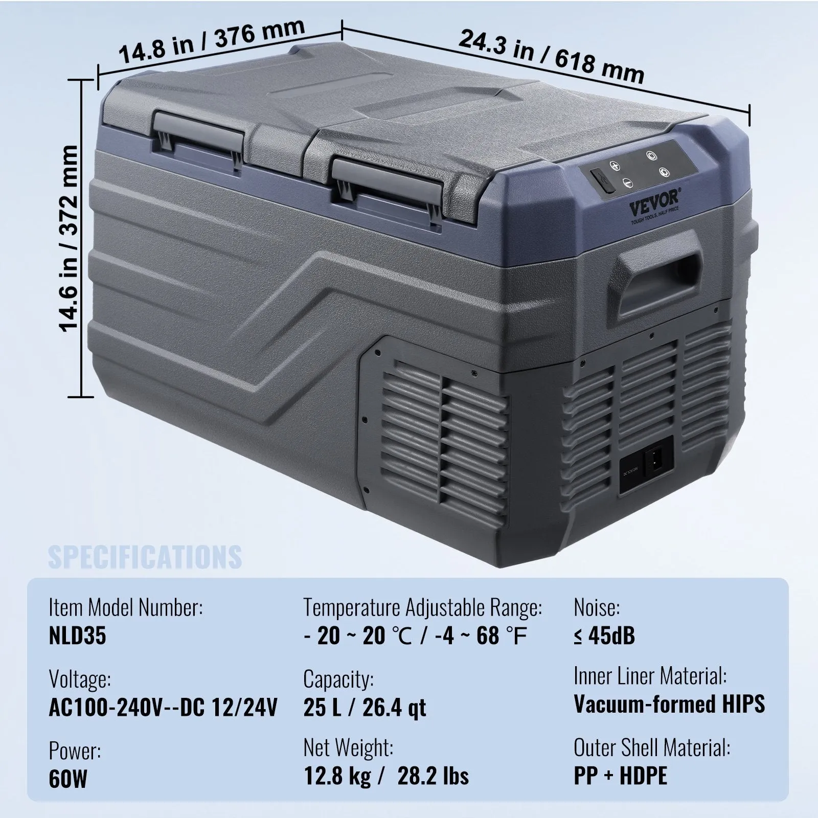 Vevor Car Refrigerator and Freezer 26.4 Qt Portable Dual Zone -4°F to 68°F Adjustable Temperature New