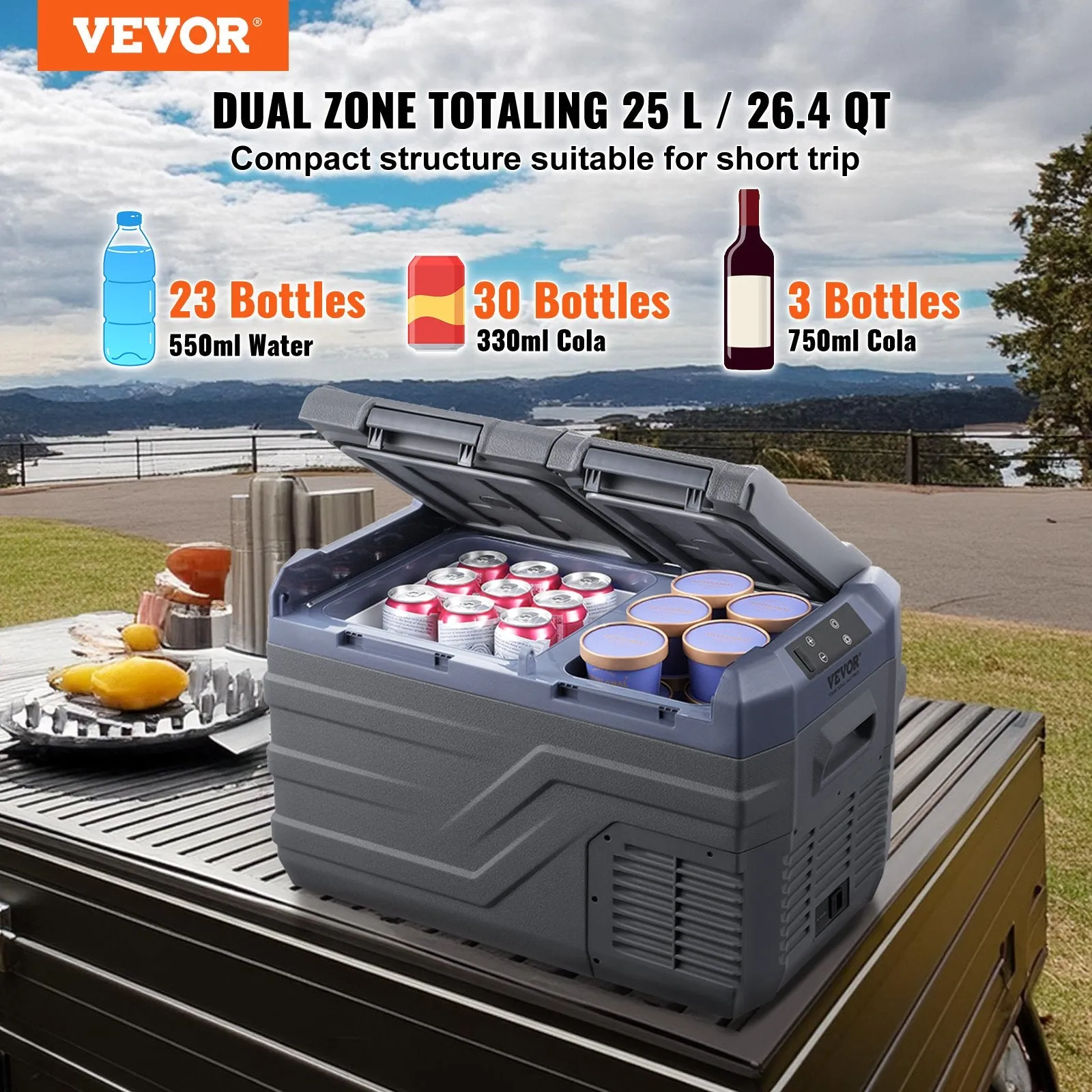 Vevor Car Refrigerator and Freezer 26.4 Qt Portable Dual Zone -4°F to 68°F Adjustable Temperature New