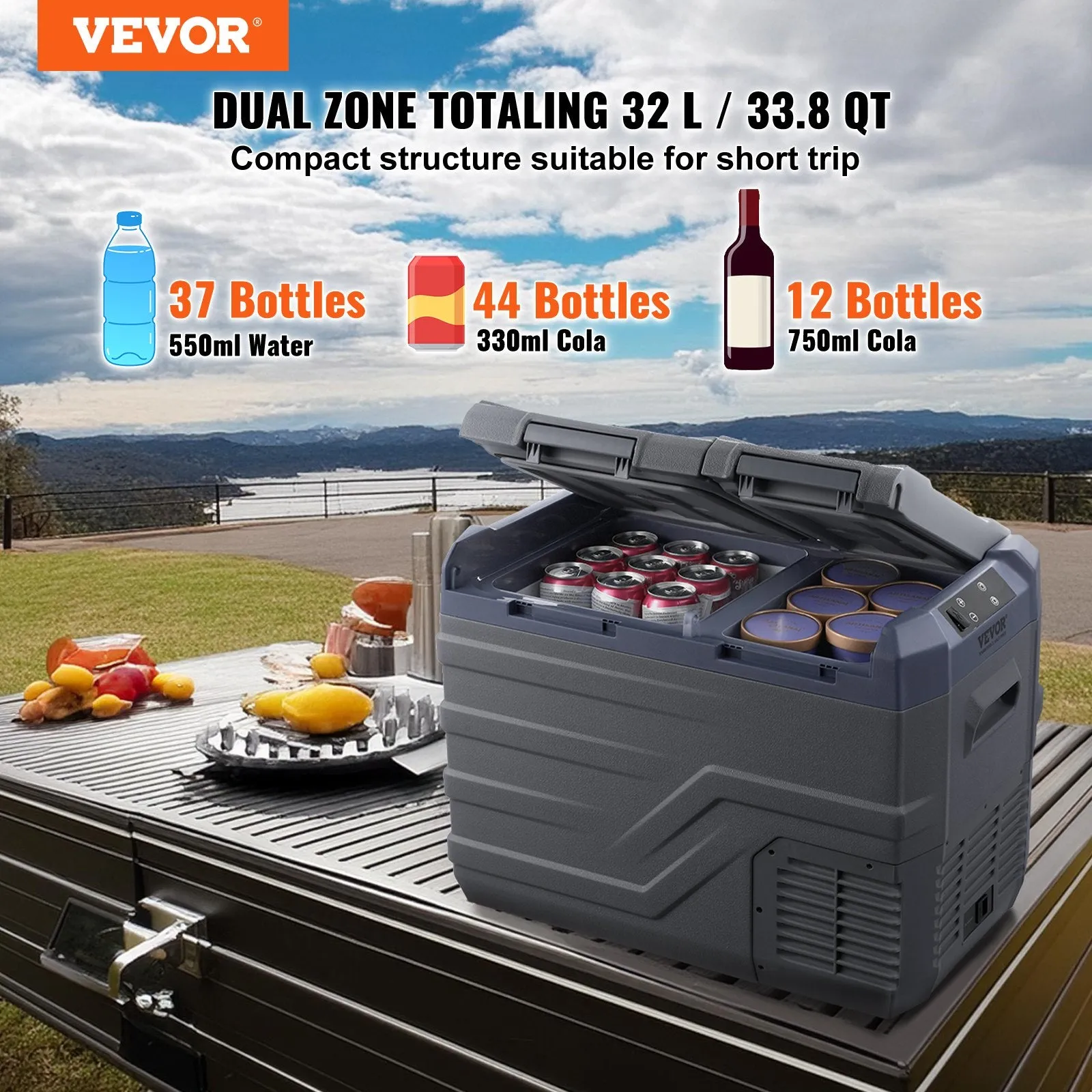 Vevor Car Refrigerator and Freezer 33.8 Qt Portable Dual Zone -4°F to 68°F Adjustable Temperature New