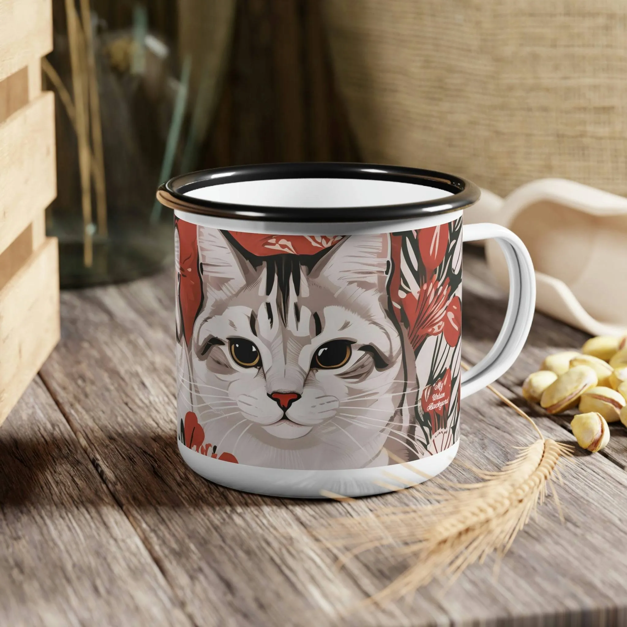 White Cats, Enamel Camping Mug for Coffee, Tea, Cocoa, or Cereal - 12oz