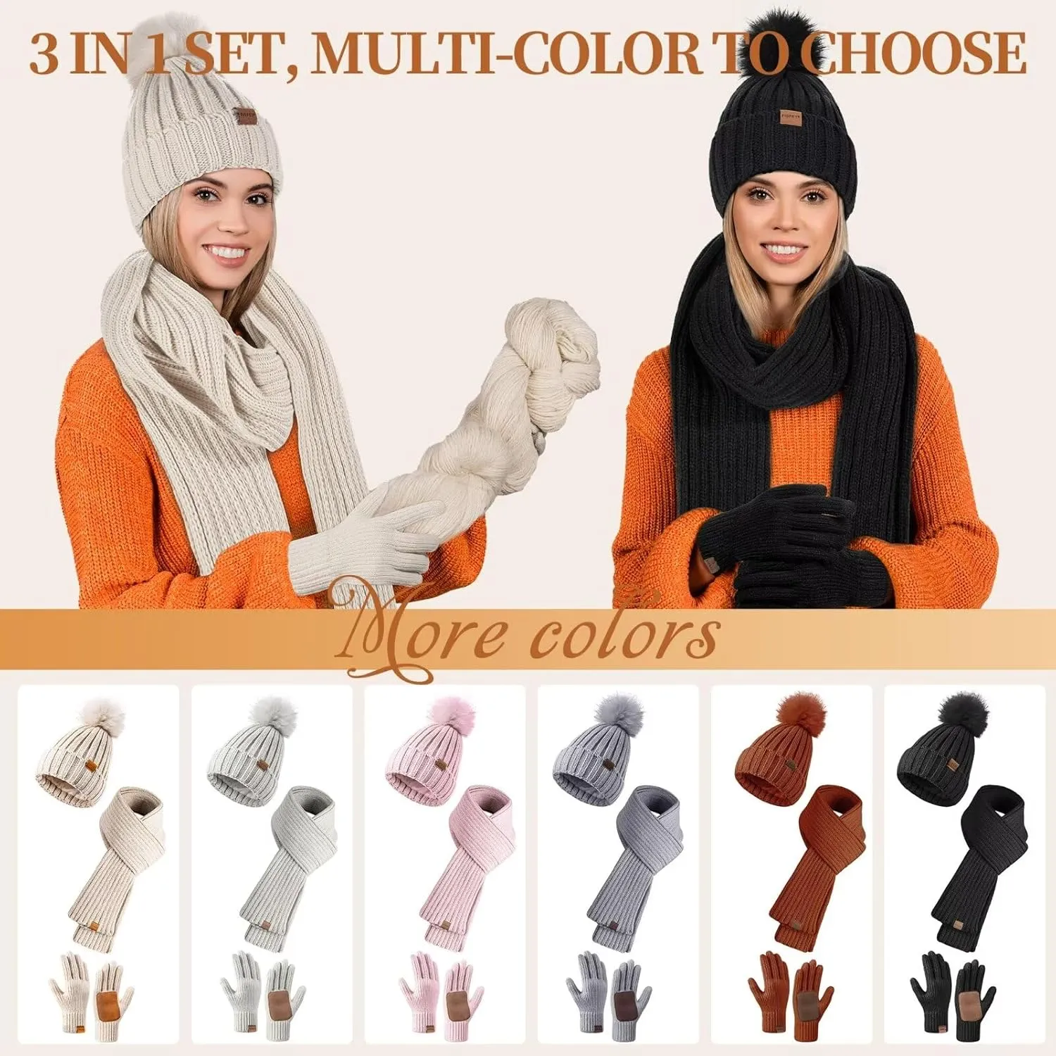 Winter Beanie Hat, Scarf & Gloves Set – Pom Pom Beanie, Neck Warmer & Touchscreen Gloves 3-in-1