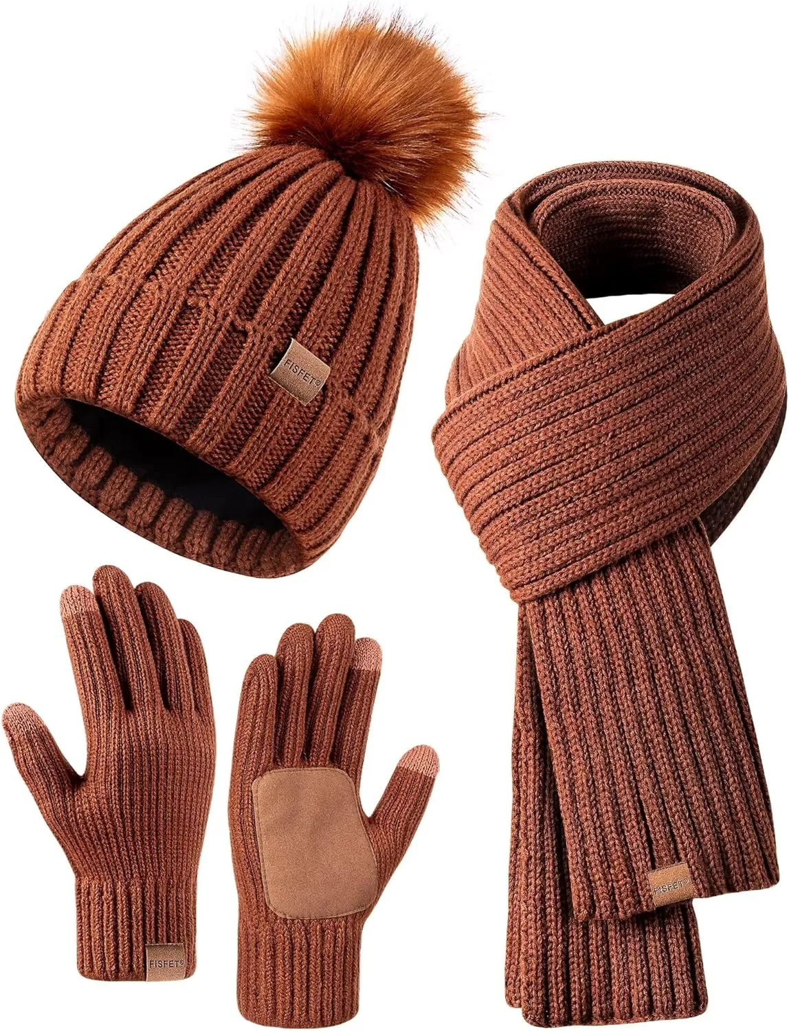 Winter Beanie Hat, Scarf & Gloves Set – Pom Pom Beanie, Neck Warmer & Touchscreen Gloves 3-in-1