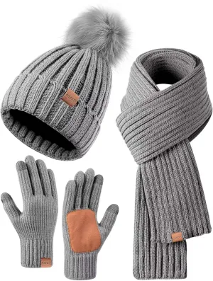 Winter Beanie Hat, Scarf & Gloves Set – Pom Pom Beanie, Neck Warmer & Touchscreen Gloves 3-in-1