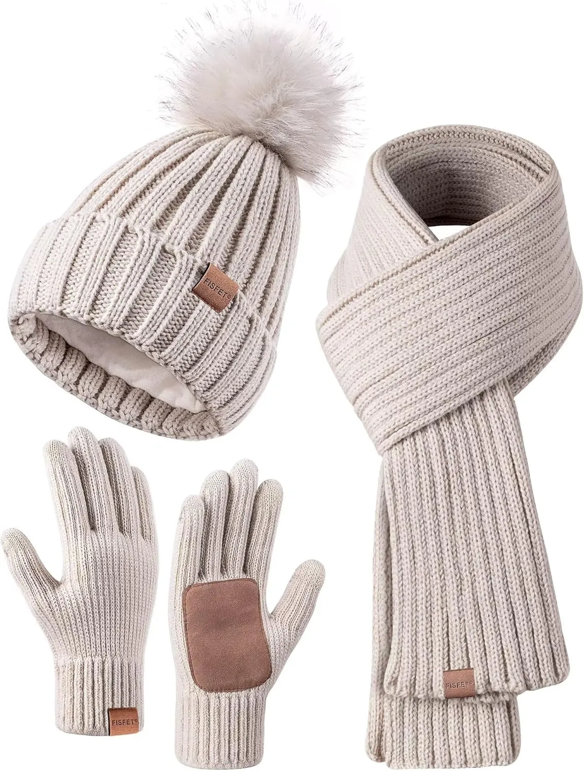 Winter Beanie Hat, Scarf & Gloves Set – Pom Pom Beanie, Neck Warmer & Touchscreen Gloves 3-in-1