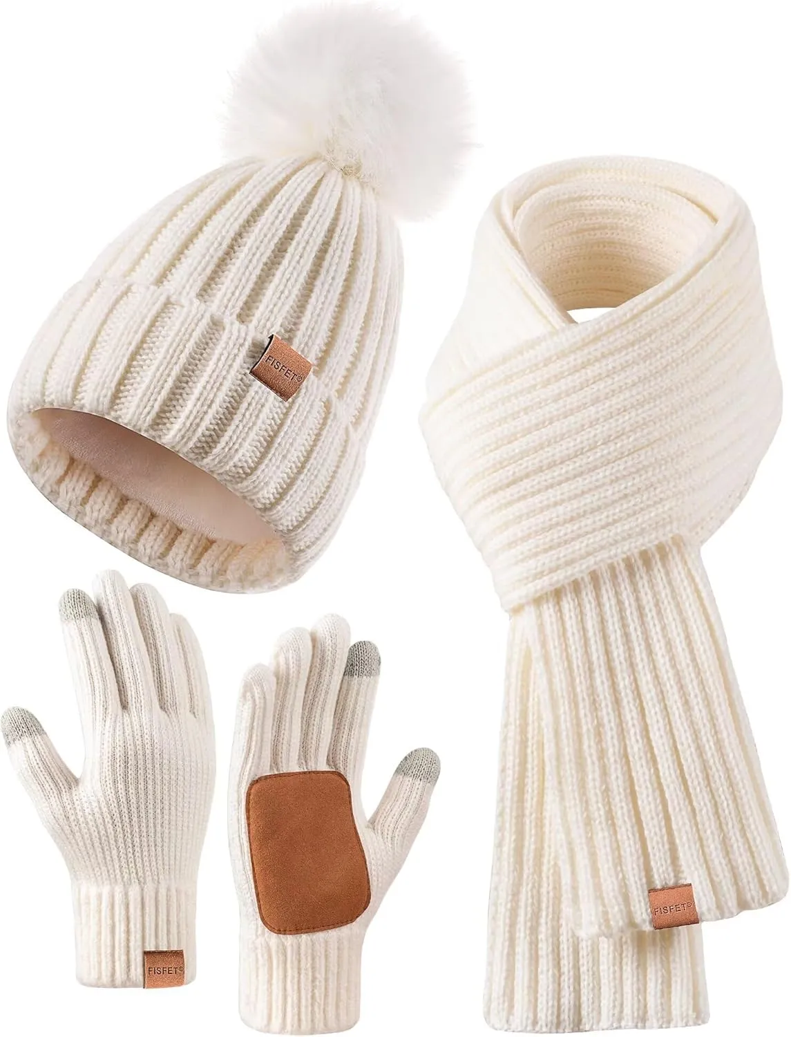 Winter Beanie Hat, Scarf & Gloves Set – Pom Pom Beanie, Neck Warmer & Touchscreen Gloves 3-in-1