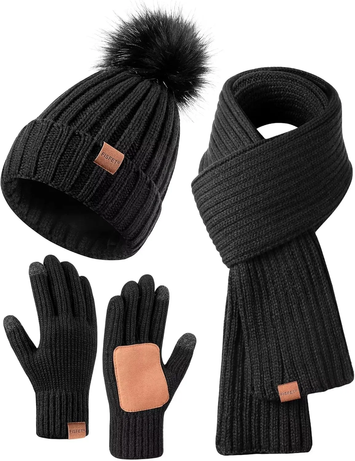 Winter Beanie Hat, Scarf & Gloves Set – Pom Pom Beanie, Neck Warmer & Touchscreen Gloves 3-in-1