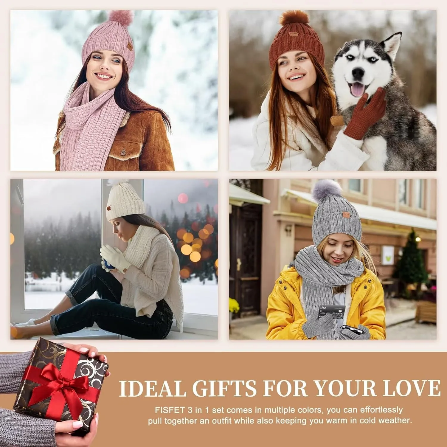 Winter Beanie Hat, Scarf & Gloves Set – Pom Pom Beanie, Neck Warmer & Touchscreen Gloves 3-in-1