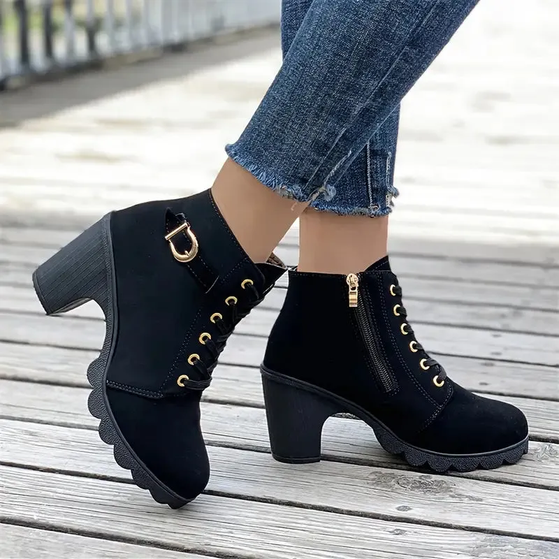 Women's Chunky Heeled Ankle Boots - Solid Color, Side Zipper, Dress Shoes