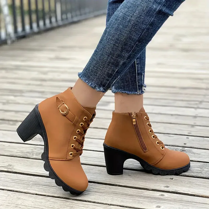 Women's Chunky Heeled Ankle Boots - Solid Color, Side Zipper, Dress Shoes