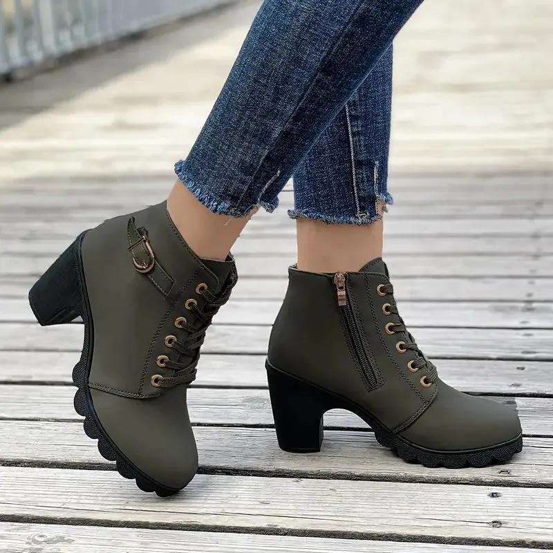 Women's Chunky Heeled Ankle Boots - Solid Color, Side Zipper, Dress Shoes