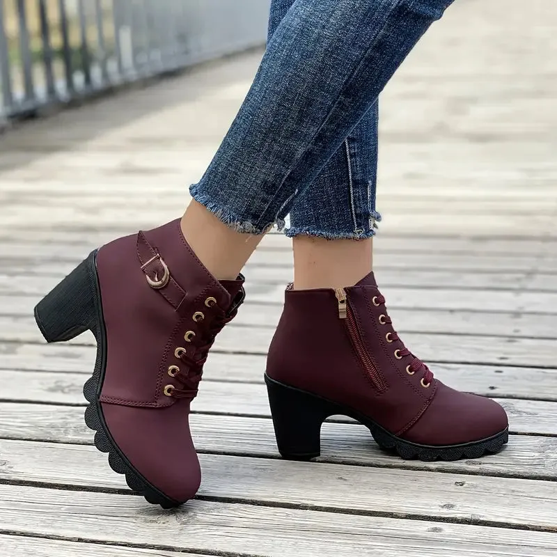 Women's Chunky Heeled Ankle Boots - Solid Color, Side Zipper, Dress Shoes