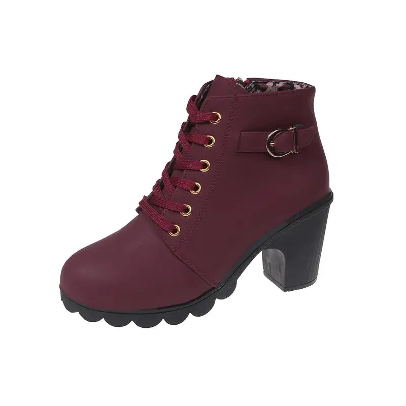 Women's Chunky Heeled Ankle Boots - Solid Color, Side Zipper, Dress Shoes