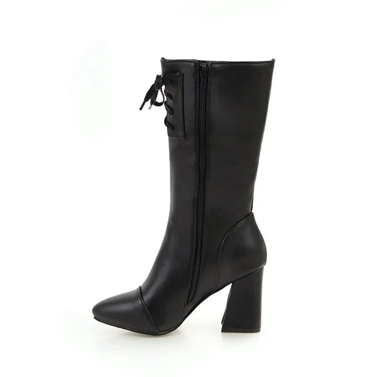 Women's Pointed Toe Lace-Up Block Chunky Heel Mid-Calf Boots